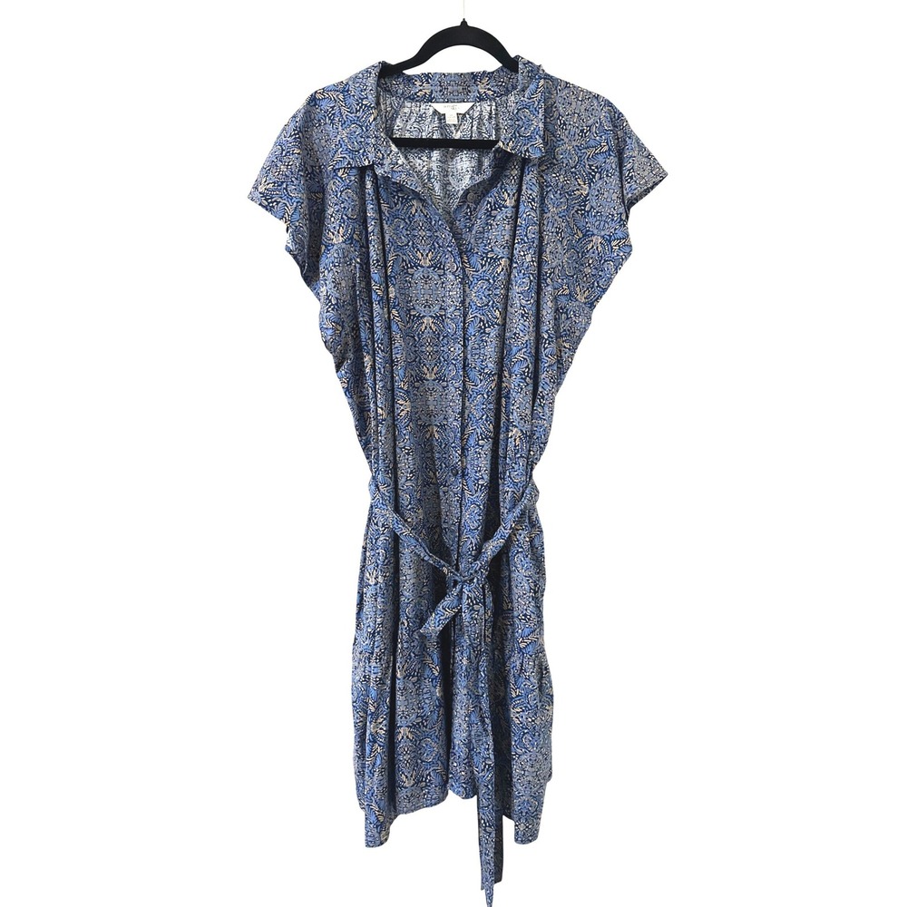 Terra & Sky Womens 2X Blue Paisley Shirt Dress Button Front Belted Midi Vacay